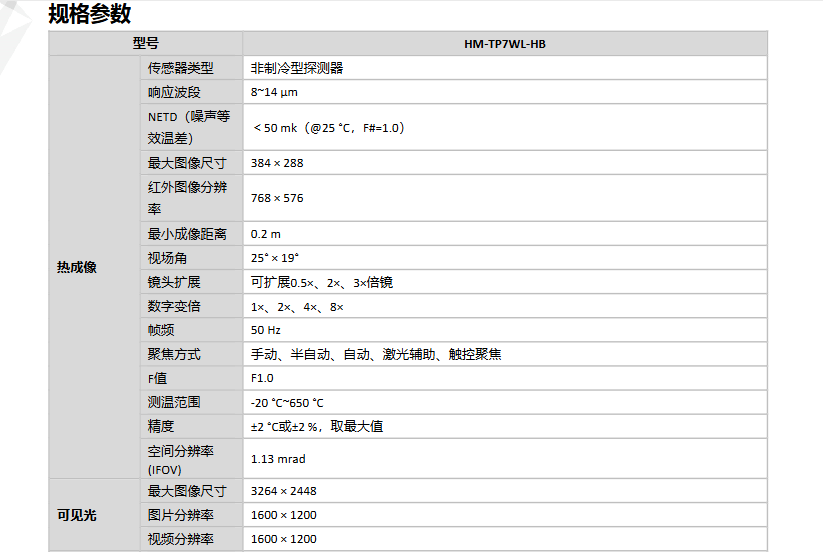 海康微影HM-TP7WL-HB手持測溫?zé)嵯駜x參數(shù)